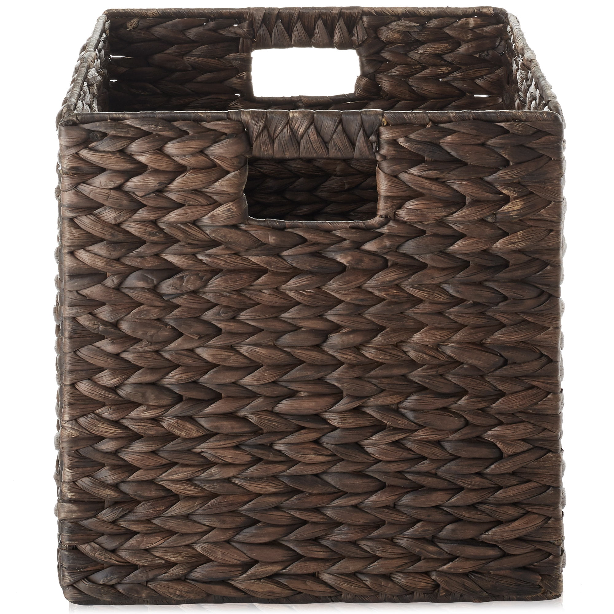 Casafield 13" x 13" Water Hyacinth Storage Baskets, Espresso - Set of 2 Collapsible Cube Organizers, Woven Bins for Bathroom, Bedroom, Laundry, Pantry, Shelves