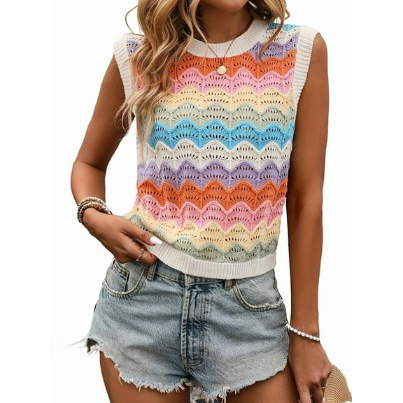 Women'S Colorful Crew Neck Sweater Vest Sleeveless Light-Weight Pullover Tops White S
