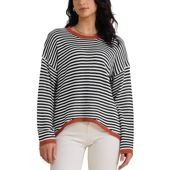 INSPIRE CHIC Women's Striped Sweater Casual Curved Hem Drop Shoulder Sweaters Pullover Top XL Black