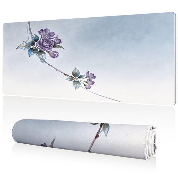 LIVEKEY Mouse Pad 80x40x0.3cm Elegant Purple Flower Branch Watercolor Style Extra Large Full Desk Coverage Non Slip Durable Easy Clean Stitched Edges for Gaming and Office