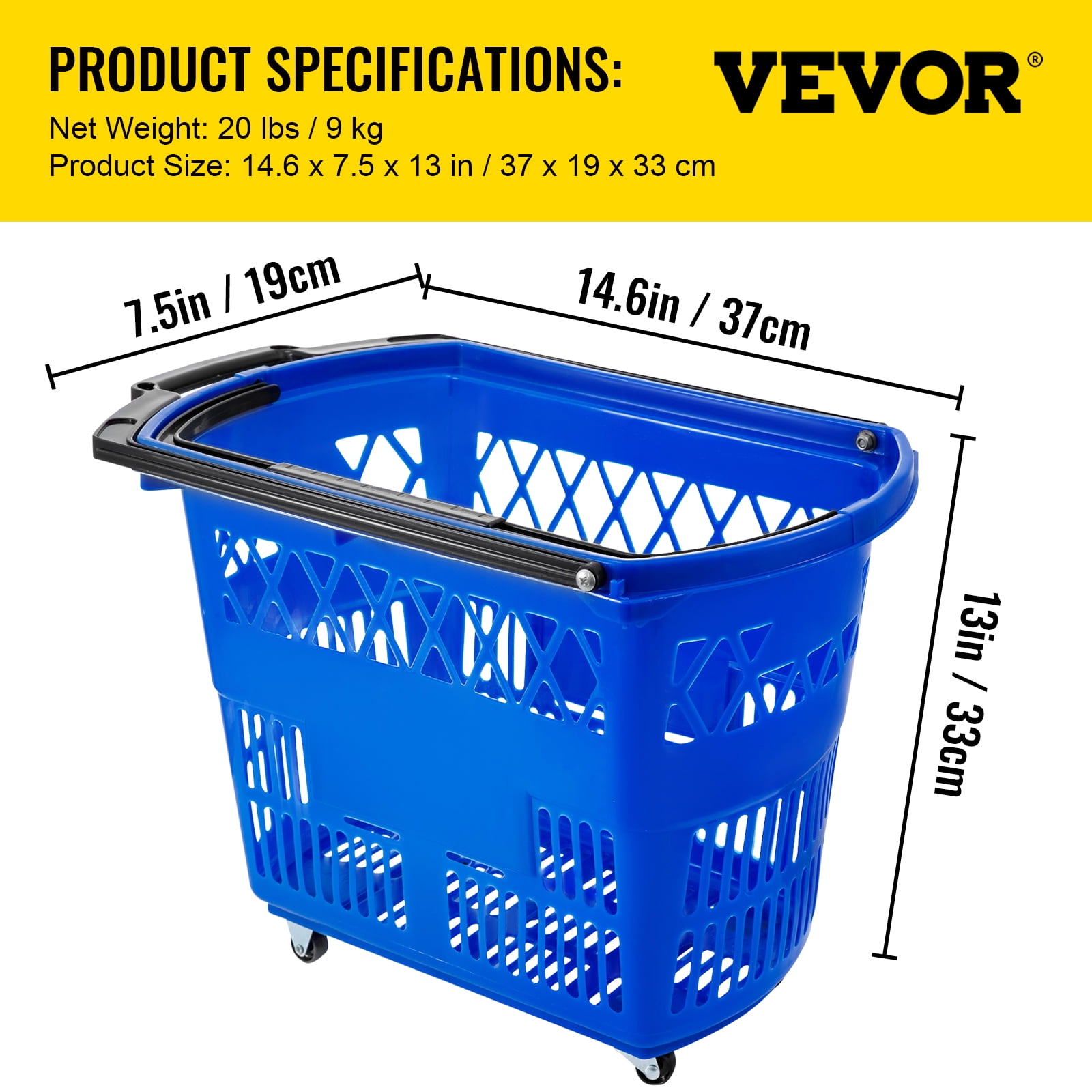 VEVOR 6pcs Shopping Carts, Plastic Rolling Shopping Basket with Wheels, Red Shopping Baskets with Handles, Portable Shopping Basket Set for Retail