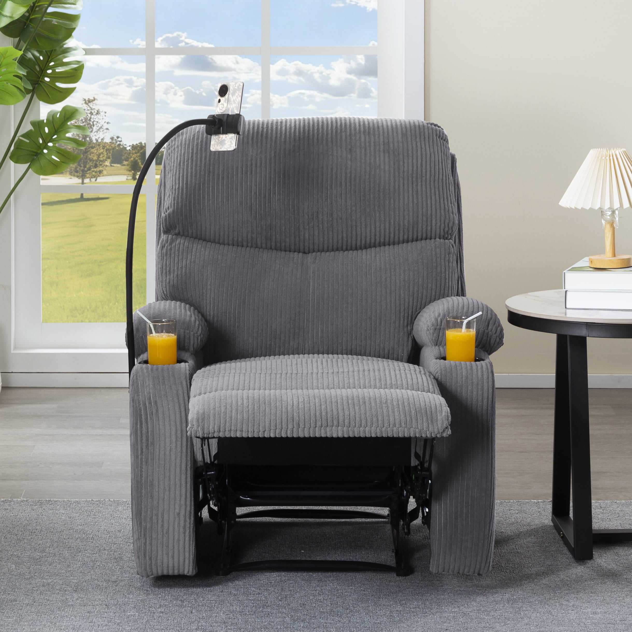 TiramisuBest Adjustable Manual Recliner Chair,Ergonomic Corduroy Lounge Chair with Cup Holders & Phone Stand for Living Room,Light Gray