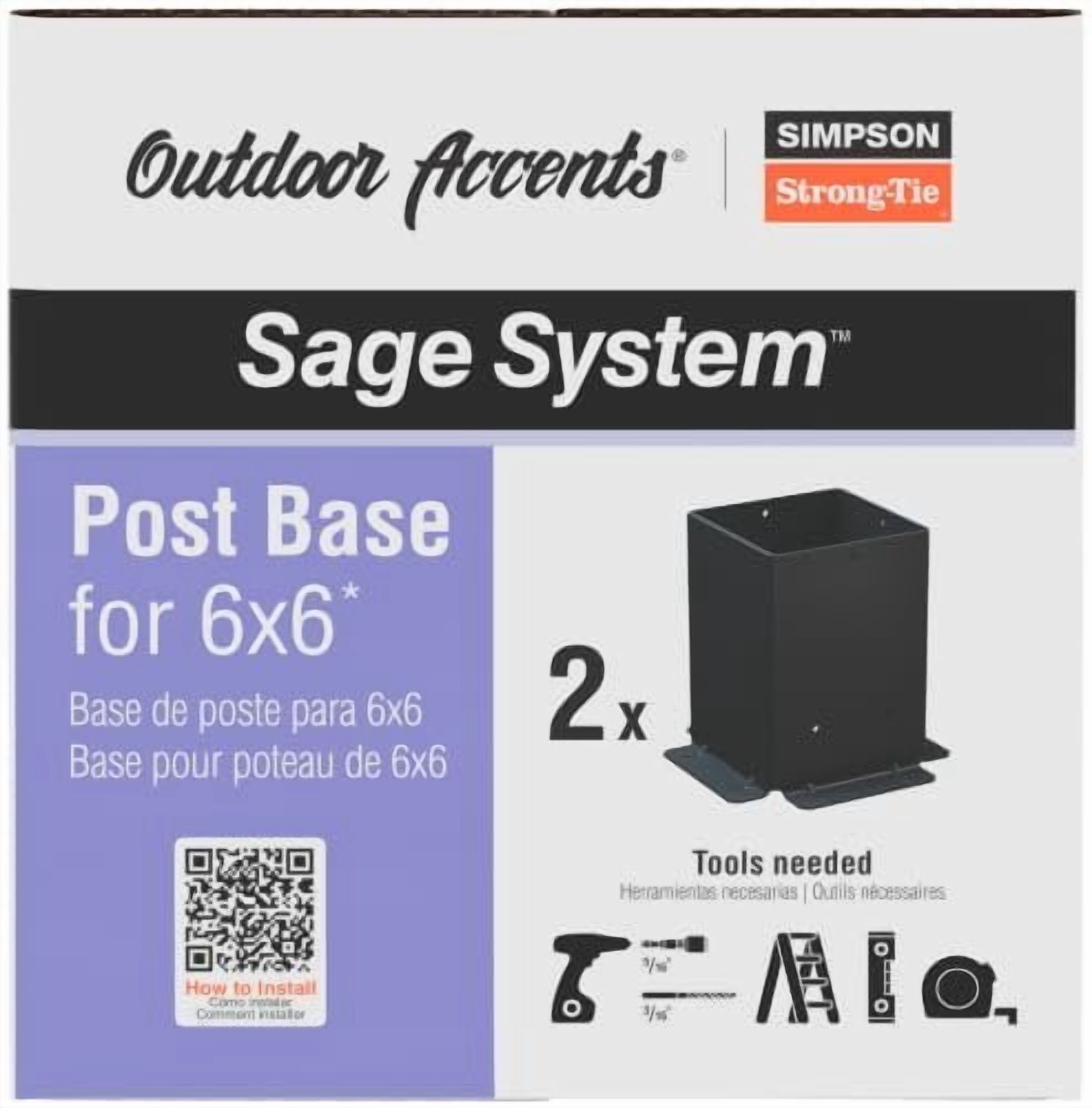 Simpson Strong-Tie SAGE-B66-KT2 Outdoor Accents Sage System Black Powder-Coated Post Base for 6x6 Lumber with Included Color-Matched Connector Screws Pack of 2