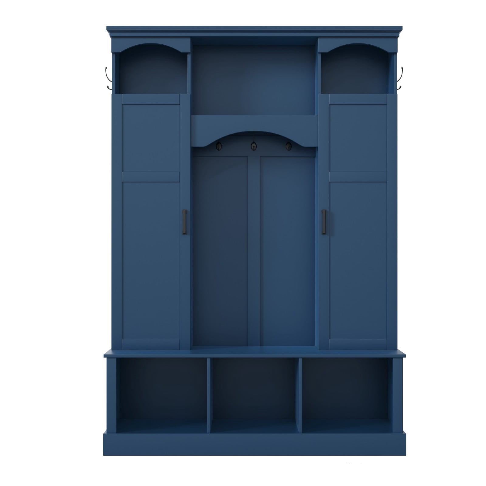 Modern Farmhouse Entryway Hall Tree with Bench, All-in-One Coat Rack Shoe Storage with 2 Side Cabinets, Adjustable Shelves & 7 Hooks, Arched Hallway Organizer for Mudroom Entryway, Blue