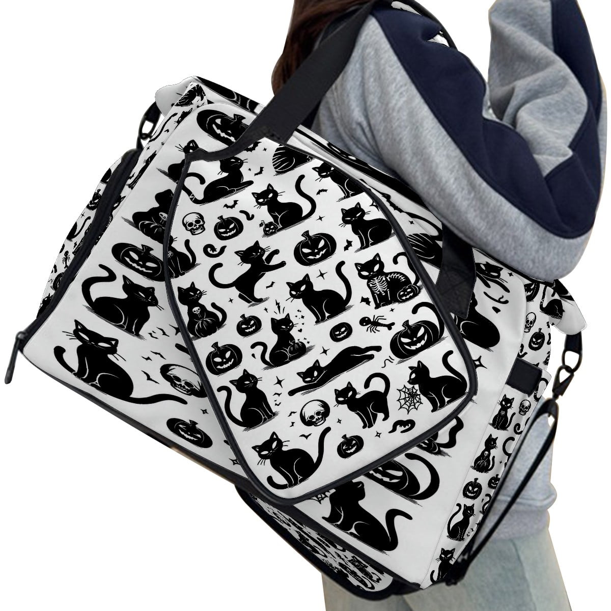 Large Gym Bag with Shoe Compartment, Water-Resistant Duffle Bag for Men and Women, Halloween Black Cats Elements Sports Tote for Workout Travel