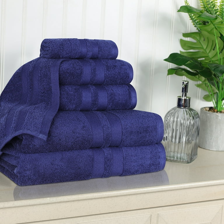 Ultra Soft Cotton 6-Piece Towel Set Double Honeycomb Border 10 Colors Blue