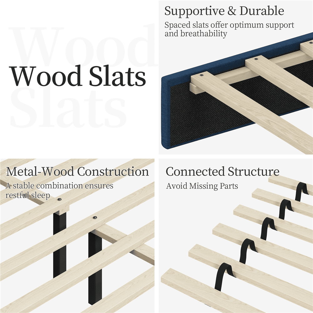 Fullfurnique Cadre de Lit Capitonné avec Tête de Lit à Capitonnage Carré, Full, Bleu marine