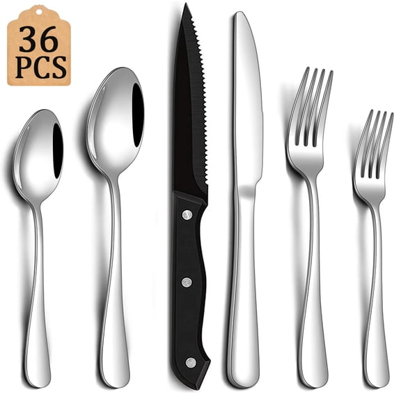 36-Piece Stainless Steel Silverware Set for 6 Mirror Polished Flatware Set with Steak Knives Kitchen Utensils Cutlery Set