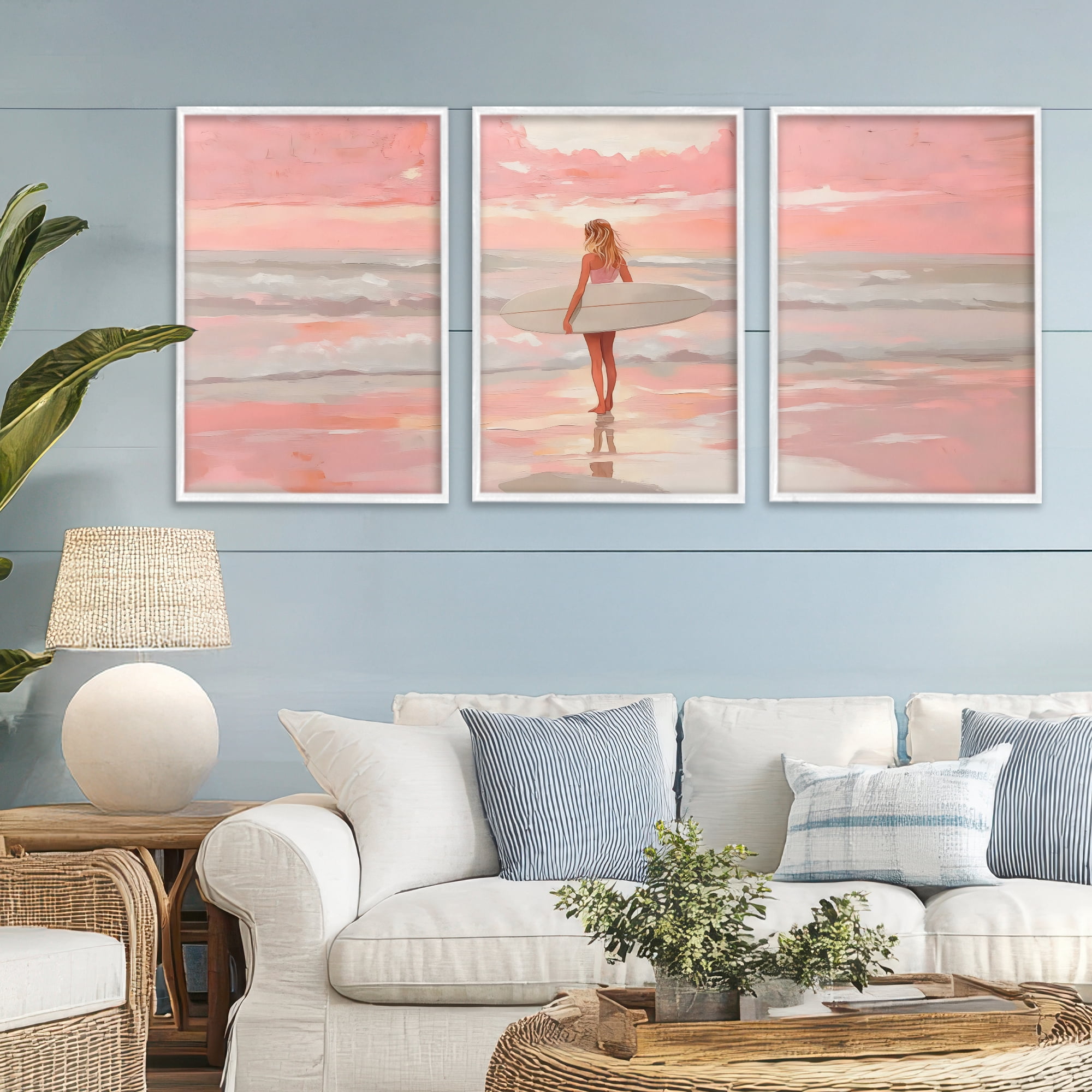 Stupell Industries Pink Sky Surfer Sunrise 3 Piece White Framed Giclee Art Set, design by LSR Design Studio