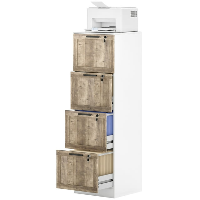 HOMCOM Farmhouse 4-Drawer Locking File Cabinet - White Particle Board, 15.5"W x 50.8"H - A4/Letter Rails for Home Office & Bedroom Storage