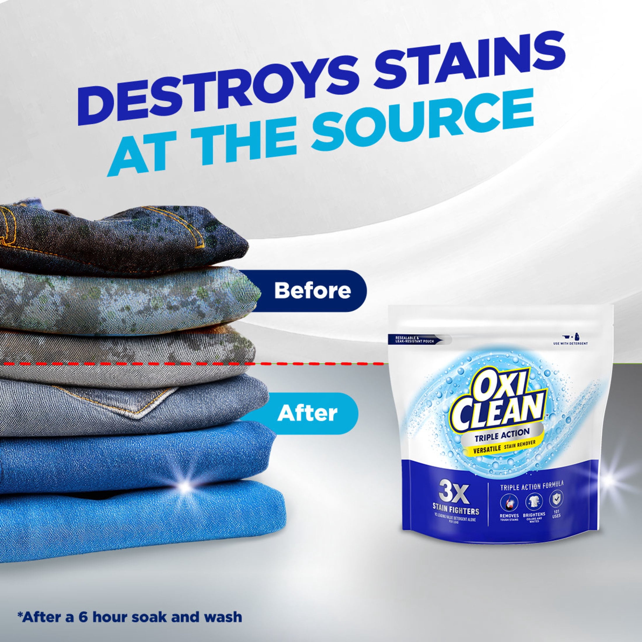OxiClean Triple Action Versatile Stain Remover Powder, To Use with Detergent, 6.5 lbs