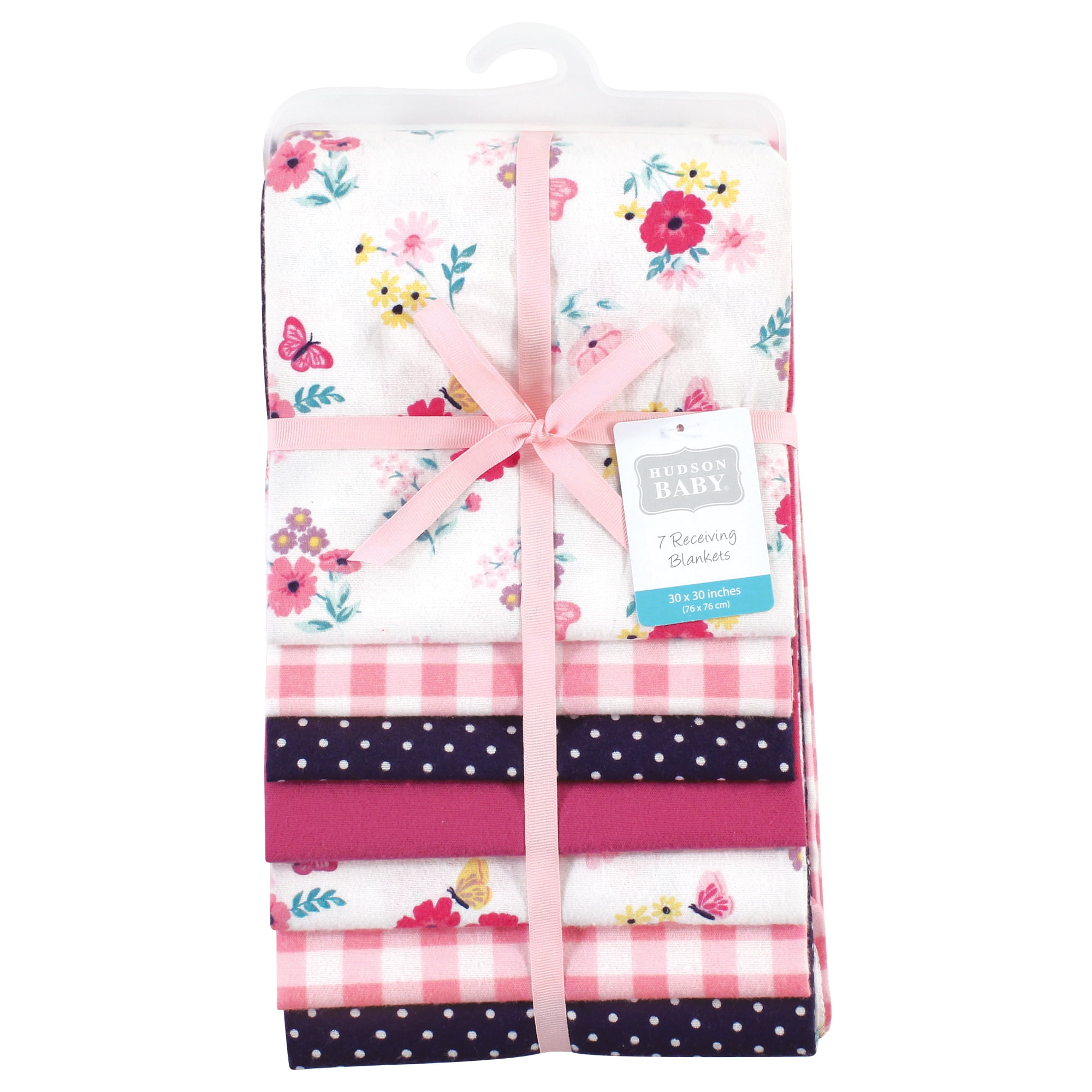 Little Treasure Hudson Baby Cotton Poly Flannel Receiving Blankets Multipack, Pink Butterfly Floral, 30x30 inches