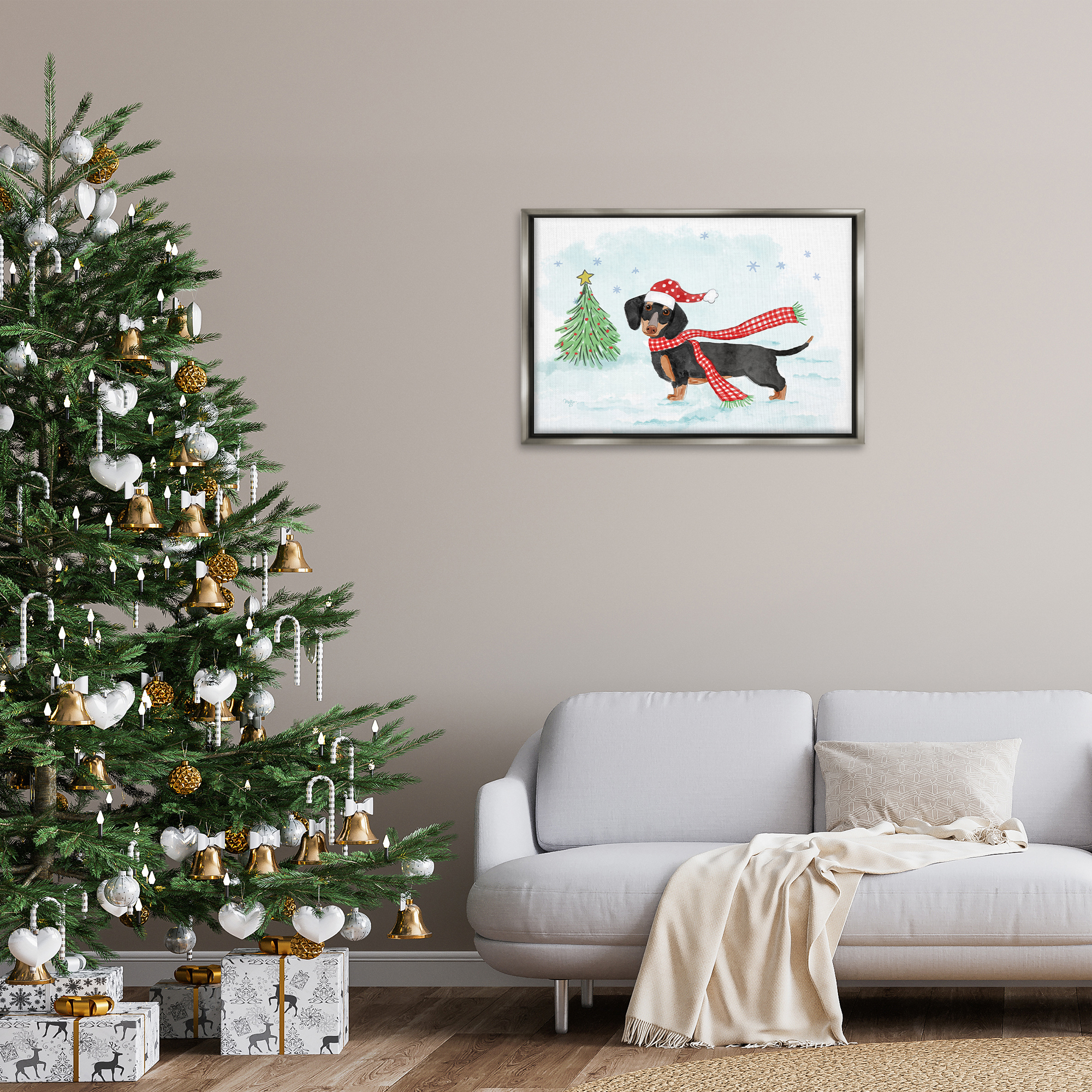 Stupell Industries Dachshund with Scarf Holiday Painting Gray Floater Framed Canvas Art Prints Wall Art, 31 x 21