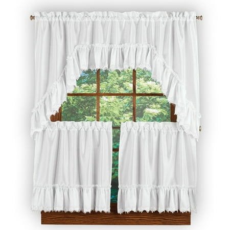 Ruffled Lace Trim Window Curtain Tier And Valance Set With Rod
