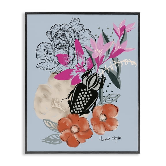 Stupell Industries Modern Beetle & Mixed Flowers Black Framed Giclee Art, 11 x 14, by Hannah Byatt