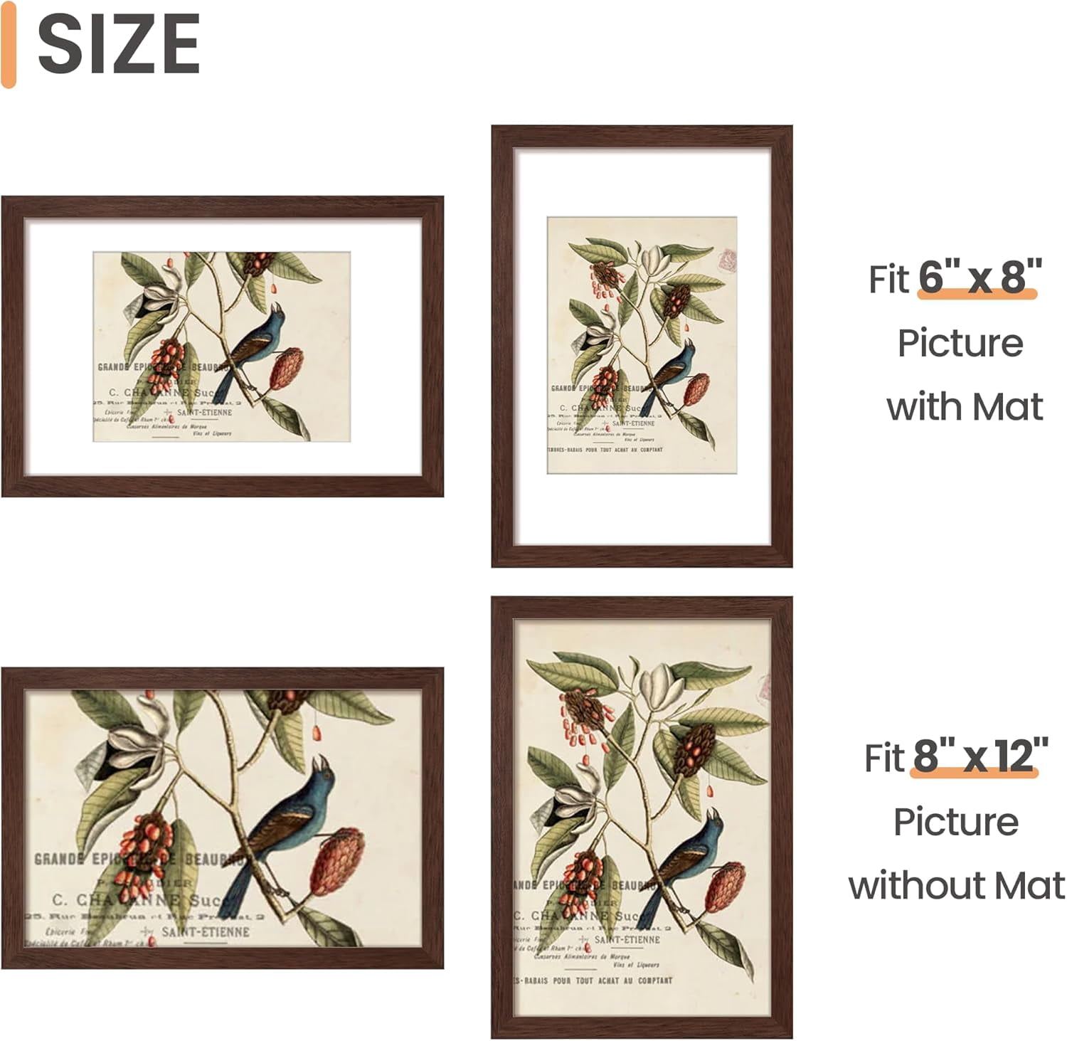 Maxxmarket 8x12 Picture Frame, Display Pictures 6x8 with Mat or 8x12 Without, Wall Hanging Photo Frames, Brown, 1 Pack