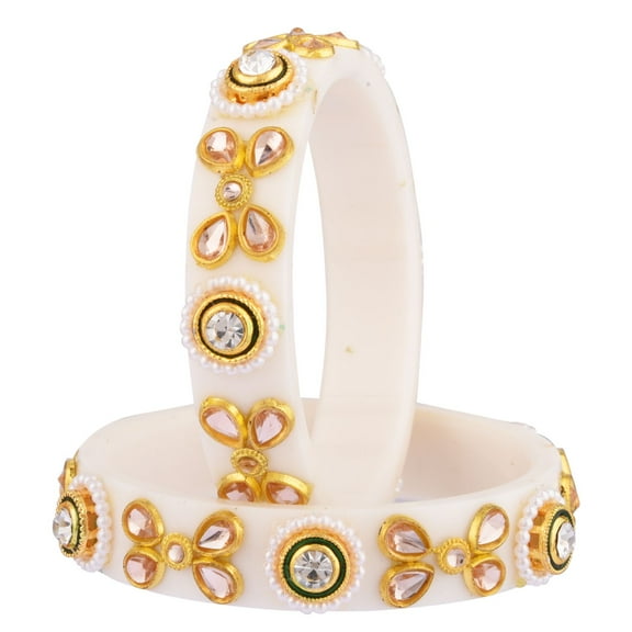 Efulgenz Crystal Kundan Floral Indian Jewelry White Acrylic Bangle Bracelet Wedding Bridal Bollywood Jewelry for Women (2 Pcs) Size 2.4