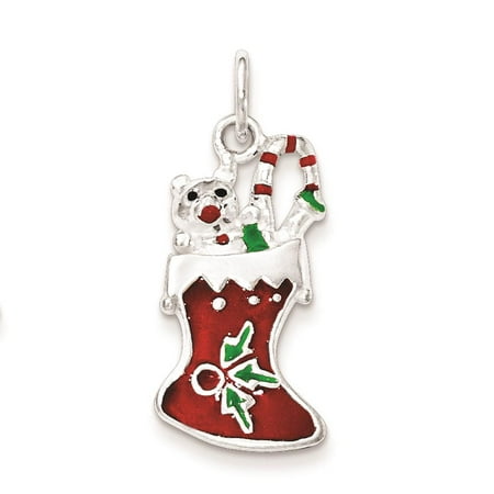 925 Sterling Silver Polished Enamel Christmas Stocking Charm Pendant