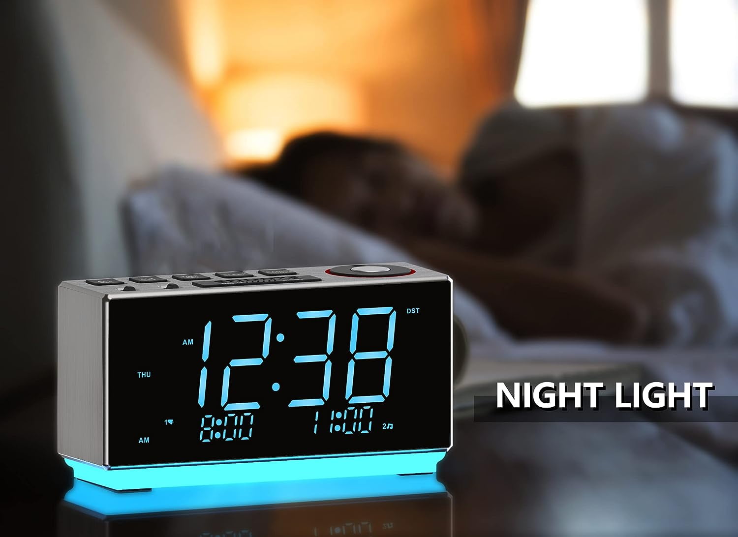 Alarm Clock with FM Radio, USB Charging, 1.8'' Ice Blue LED Display, Night Light, Dual Alarm, Snooze, Dimmer Control, Bedside Office Electronic Clock iTOMA CKS508