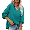 thumbnail image 1 of Mujeres con capucha Top encaje empalme cuello en V hombro caído cordón suéter suelto sudaderas para dama, 1 of 5