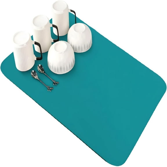 ACDANC Dish Drying Mat for Kitchen Counter,Super Absorbent Quick Dry Coffee Bar Mat Pad Thin Diatomaceous Sink Mat Non Slip Dish Drainer Mat 12''x16'' Turquoise Pure Teal