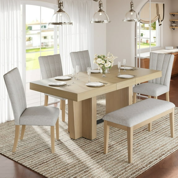 6-Piece Extendable Dining Table Set, Solid Wood Kitchen Table Set with Removable Leaf, 4 Upholstered Chairs and 1 Bench for Dining Room, Natural