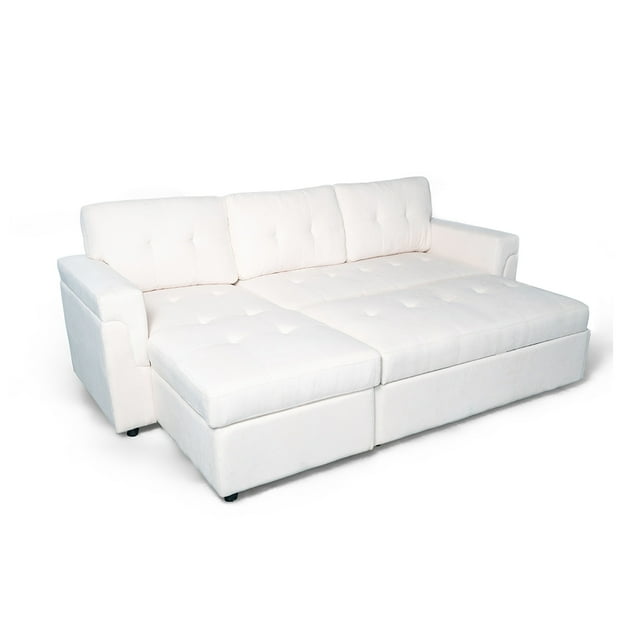 Ilios Innova | Sofá Cama Kairo Blanco de Tela Chaise Longue/Cama Extraíble 3 Plazas Estructura de Madera Funcional y Moderno