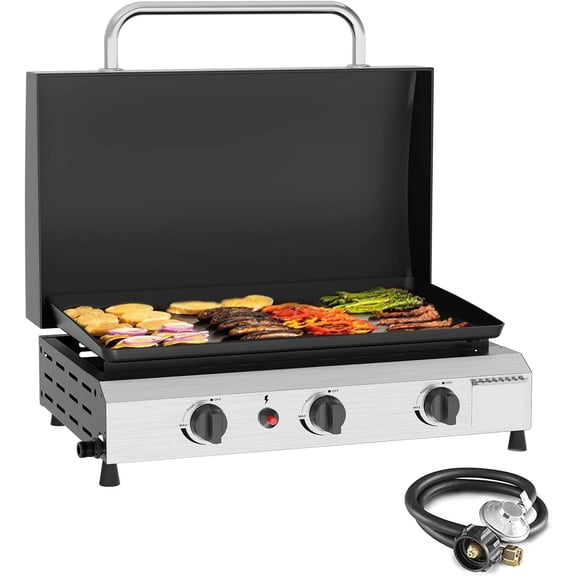3-Burner Portable Propane Gas Griddle with Hood, 23.3-Inch Cooking Surface, 45,000 BTU Outdoor Flat Grill