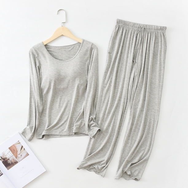 Conjunto de pantalón de manga larga para mujer, pantalón con volantes de manga larga con almohadilla para el pecho, ropa de casa de dos piezas, pijamas sueltos