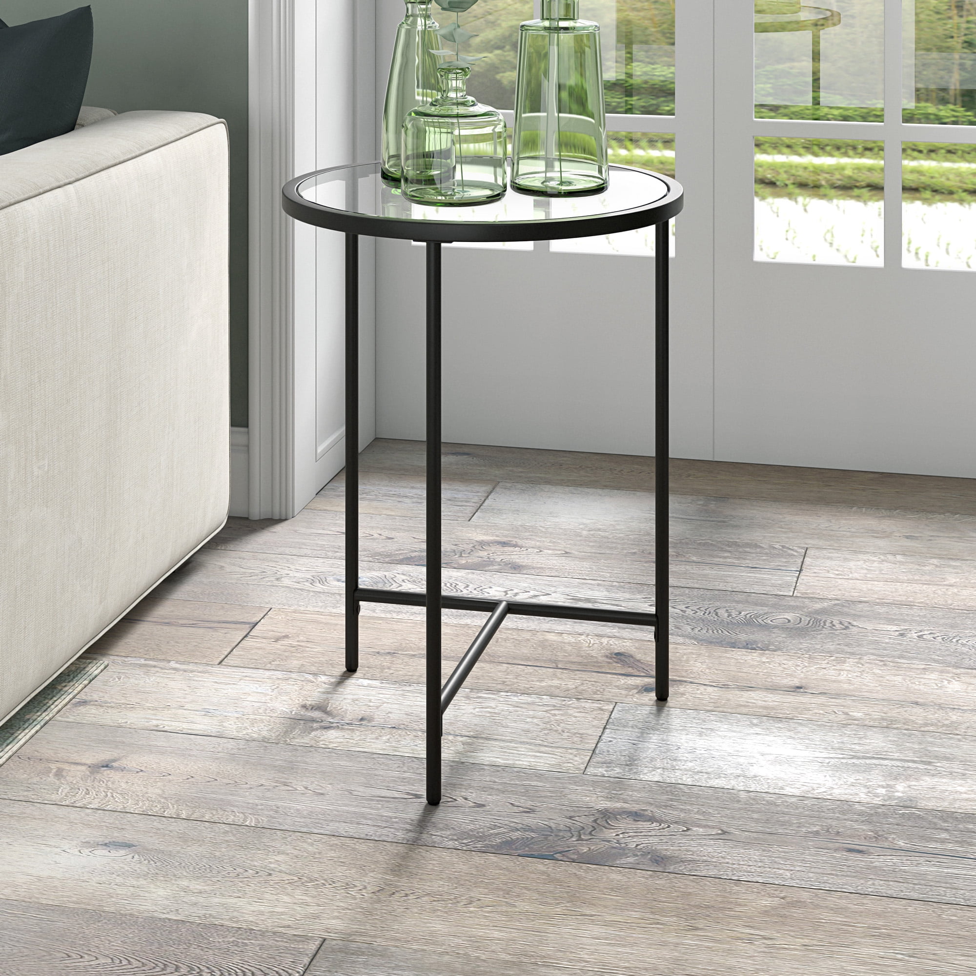 Evelyn&Zoe Berenson 18" Wide Round Side Table with Glass Top, Blackened Bronze