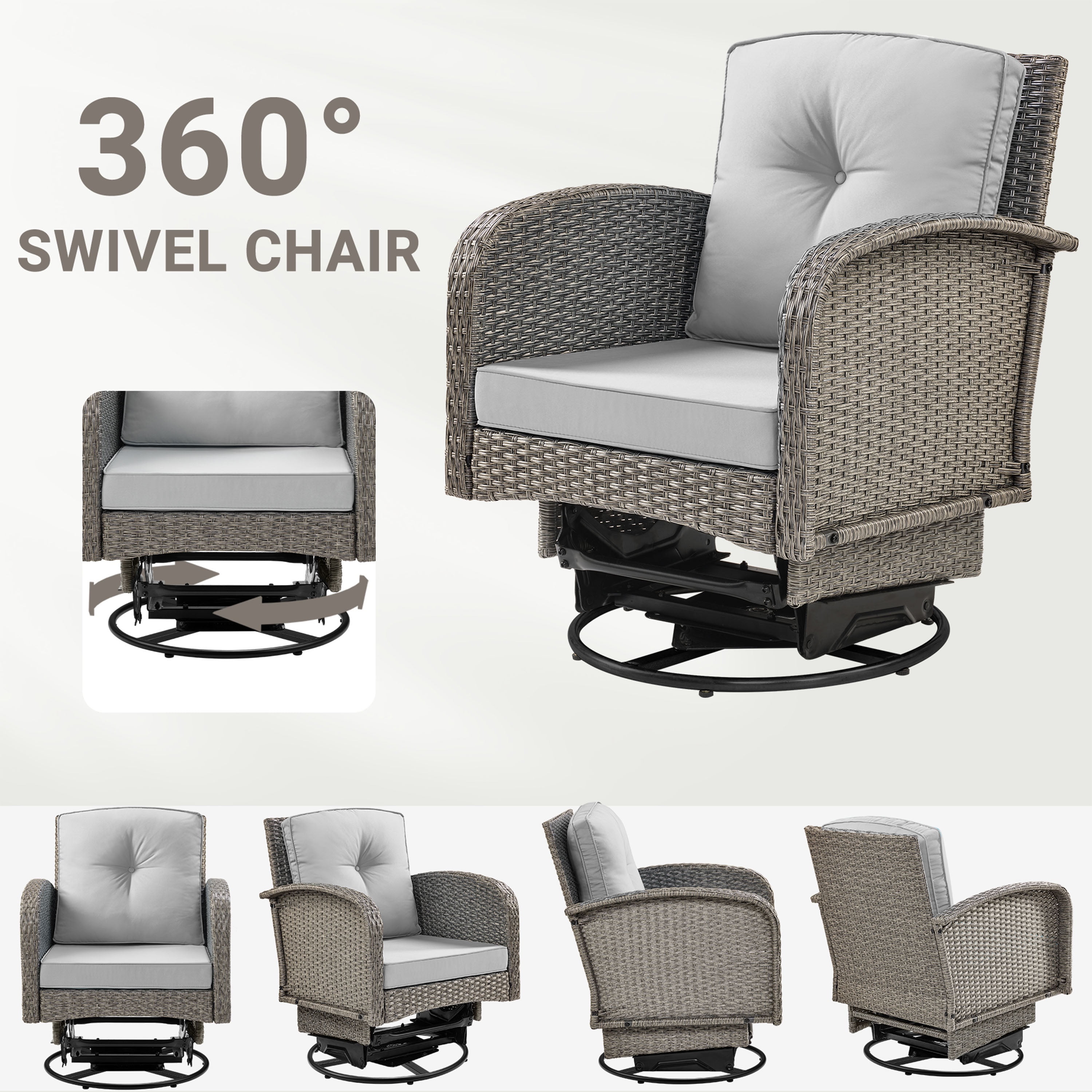3 Piece Outdoor Bistro Swivel Chairs Set, Patio Bistro Set w/ 360° Swivel Rocking Chairs & Table, All-Weather Conversation Set with Metal Frame for Patio Backyard Porches or Garden - Light Gray