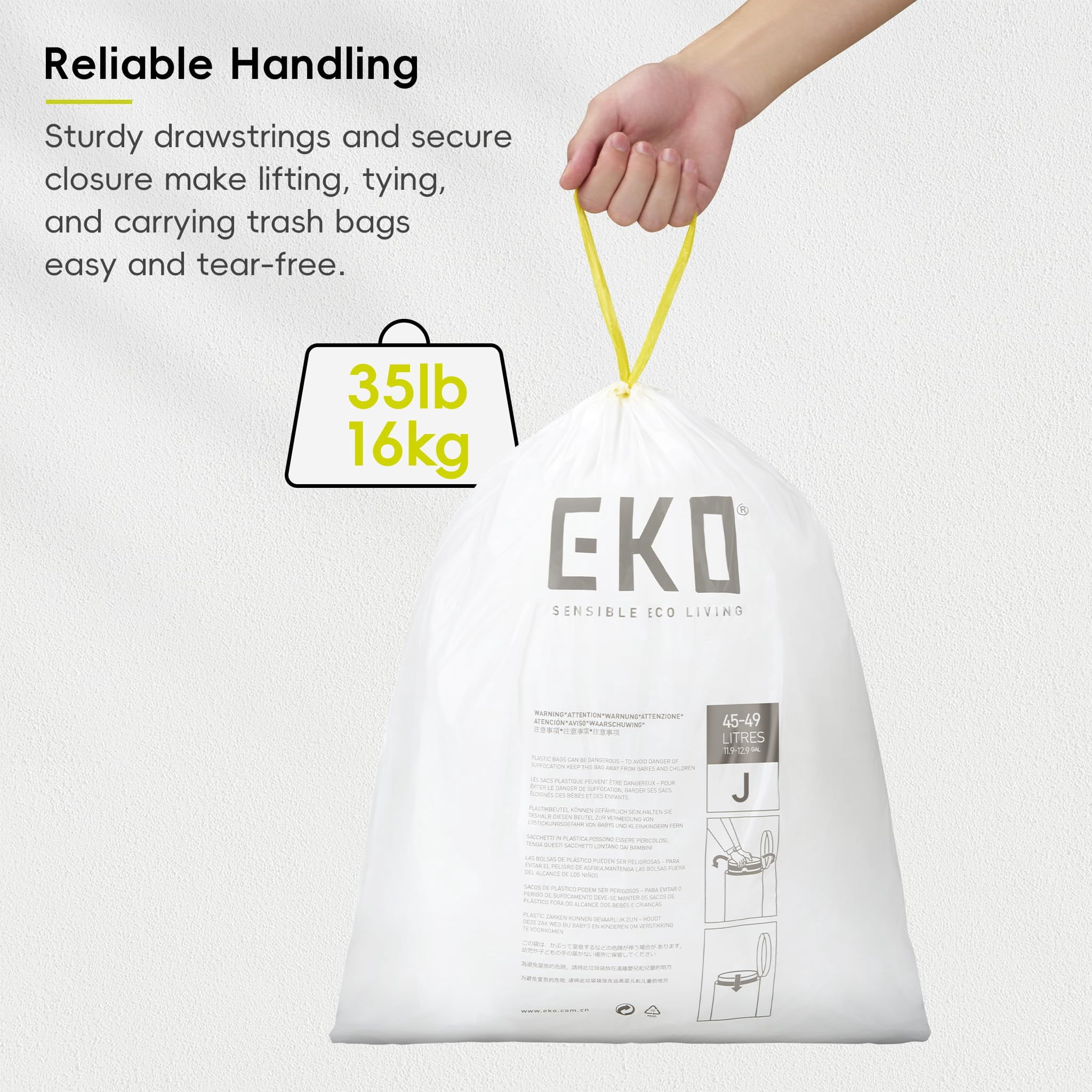 Eko 12.9 Gallon / 45-49 Liter  60 Count Drawstring Trash Bags Extra-strong Unscented Garbage Easy-dispense Roll For Kitchen & Household Use Resists Tears Leaks And Punctures Code J White