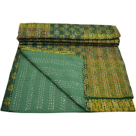Vintage Queen Kantha Quilt Indian Ajrakh Patchwork Quilt Cotton Kantha Throw Kantha Blanket Handmade Quilt King Size Kantha Bedspread Green Colour