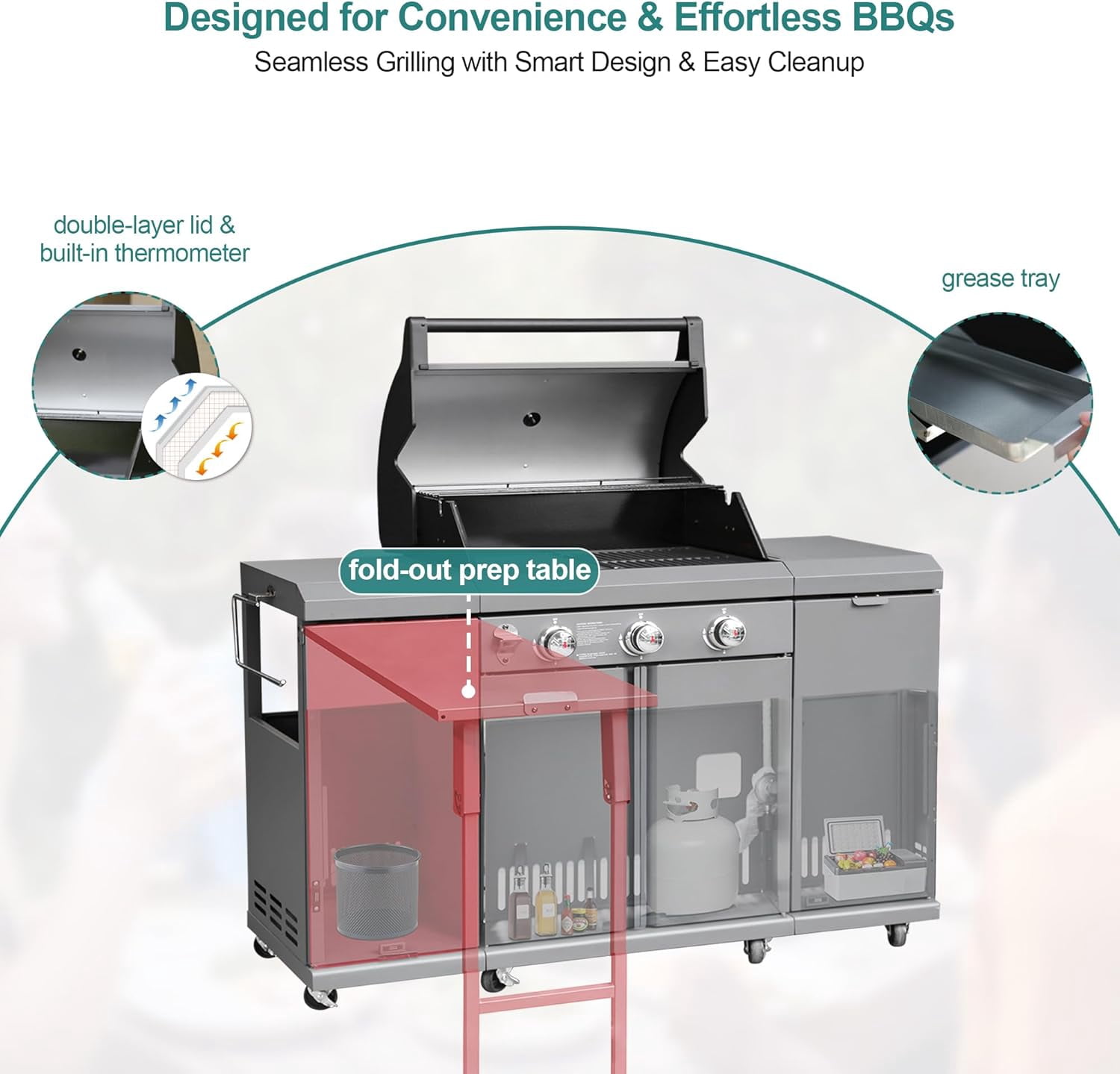 Brand-Man Grills 3-Burner Gas Grill Kitchen Island with side tables, LPG/NG Convertible for Outdoor Cooking