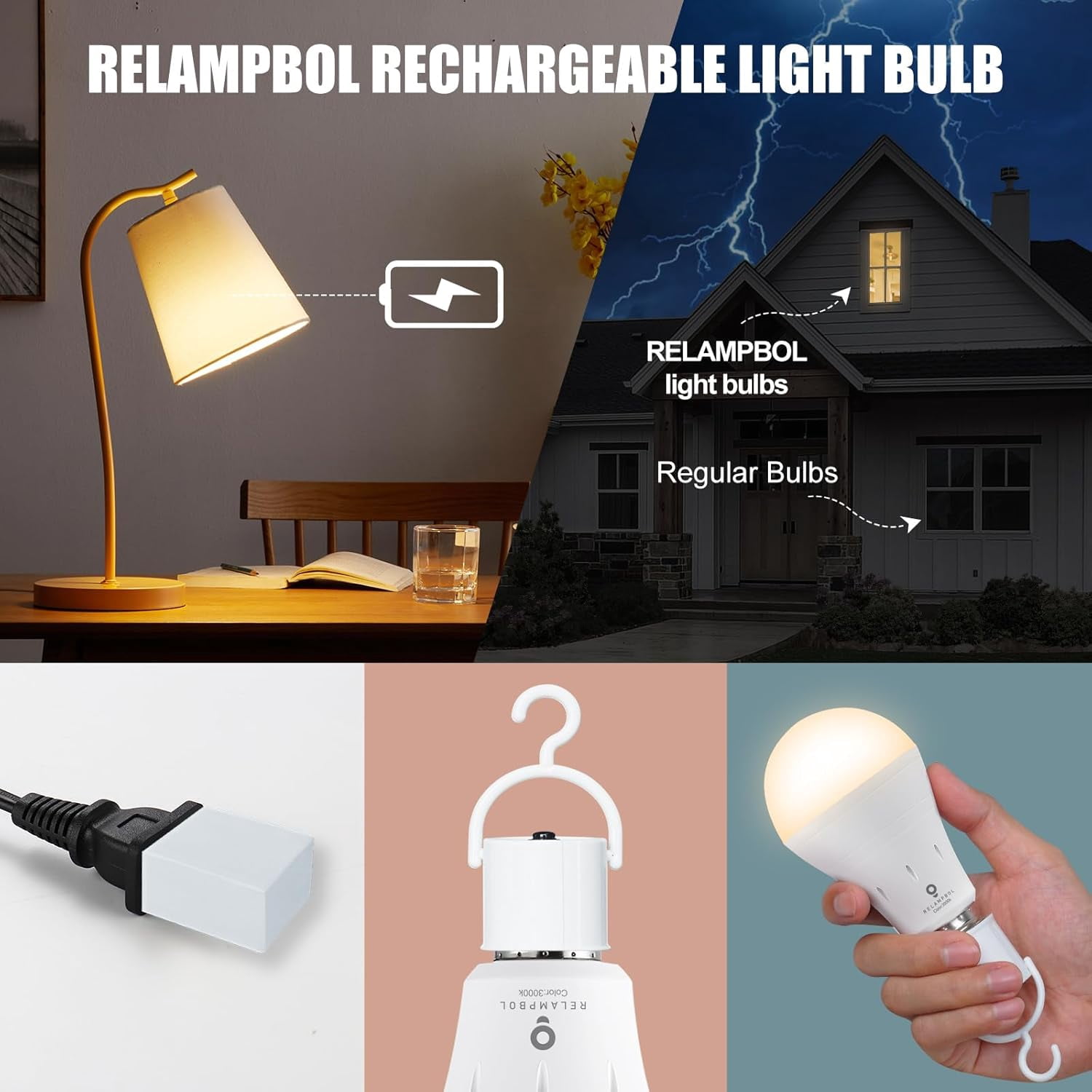 10 Pack Rechargeable Light Bulb Emergency Battery Operated Light Bulbs LED Dimmable 3000K 9W 800Lumens E26 1200mAh for Power Outage Hurricane Camping Reading