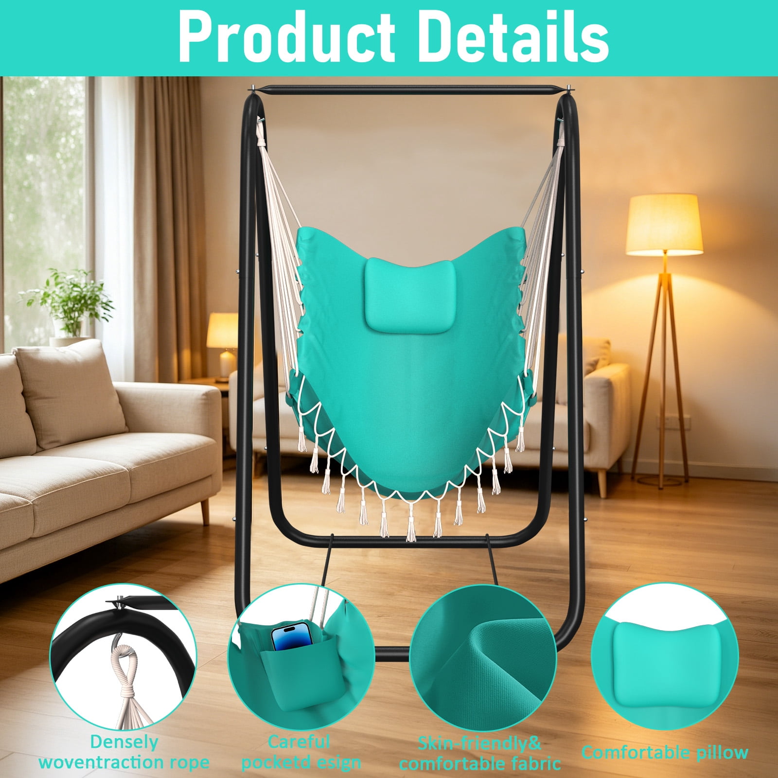 G TALECO GEAR Hammock Chair with Stand, Hammock Swing Chair, Rustproof Hanging Chair for Indoor and Outdoor Use in Patio, Yard, Garden, Aqua