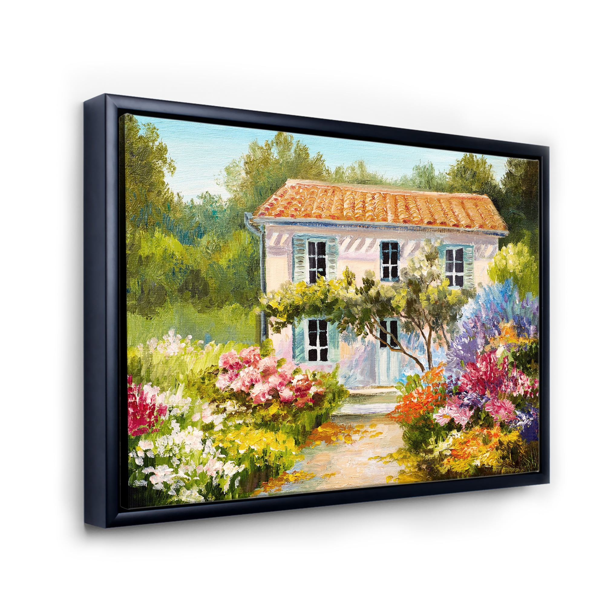 The Mountain With Flowers With Little House II 20 in x 12 in Framed Painting Canvas Art Print, by Designart