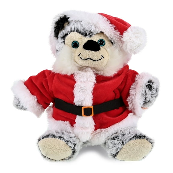 DolliBu Santa Sitting Husky Dog Stuffed Animal Plush Toy - Super Soft Dog Plush Dress Up with Red Santa Claus Outfit, Cute Gift, Perfect Holiday Christmas Gift - 9 Inches