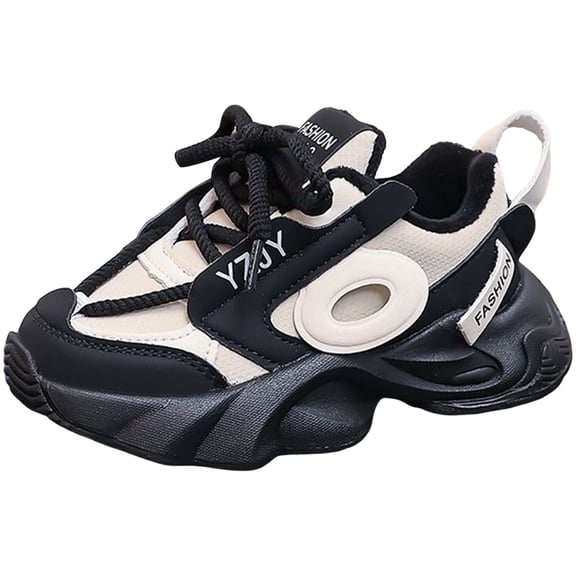 YDFCWXW Little/Big Kids Leather Platform Heels Sneakers Breathable Lace Up Walking Dad Shoes Comfortable Sneakers (Black, 3)