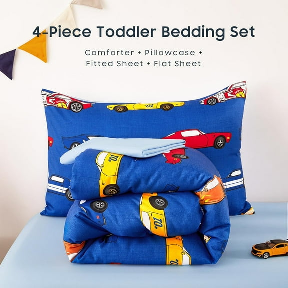 4-Piece Race Car Toddler Bedding Set for Boys - Cute Colorful Sports Car & Supercar Wheels Design, Soft Crib Bed Set with Comforter, Sheets & Pillowcase - Blue