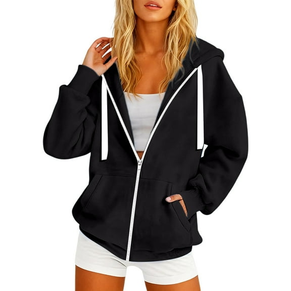 LIIPEE Women Hoodies Solid Color Long Sleeve Hooded Zip Up Tops With Pockets Woman Leisure Casual Daily Party Photoshoot Sweatshirts,Black,L