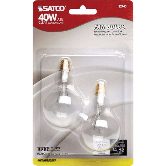 Satco S2740 120V Candelabra Base 40-Watt A15 Light Bulb, Clear