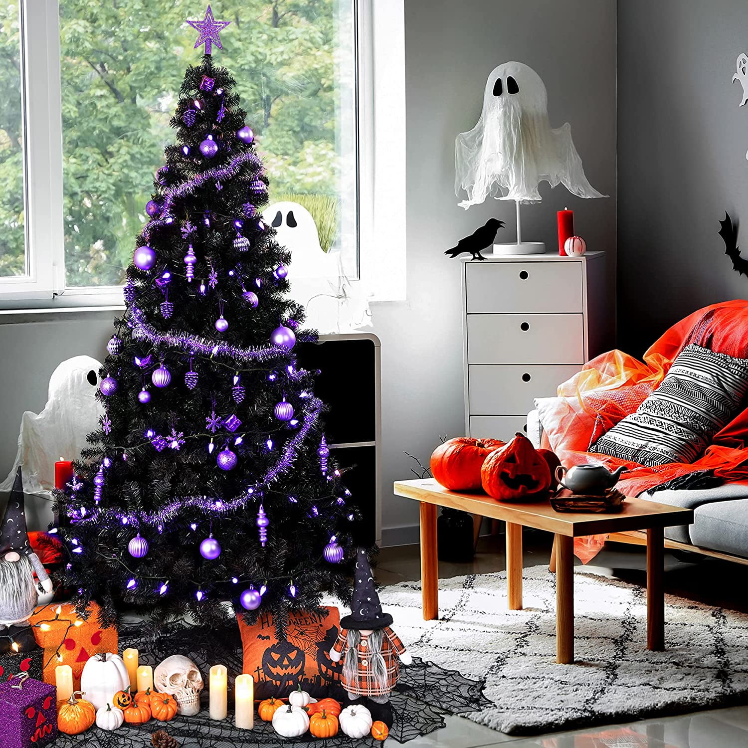 Bibana 4 ft Halloween Black Artificial Christmas Tree with Metal Stand for Home Office Party 4 ft