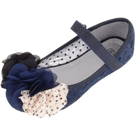 

Childrens Kids Girls Slip On Casual Party Ripper Fastening Pumps Dolly Shoes with Floral Design - Navy - US Infant 10