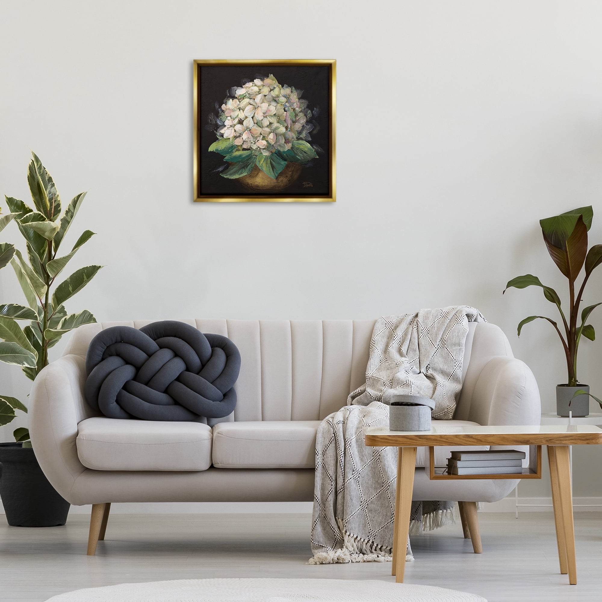 Stupell Industries Potted Hydrangea Plant Plants & Flowers Painting Gold Floater Framed Canvas Art Print Wall Art, 25 x 25