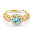 thumbnail image 2 of Gem Stone King 18K Yellow Gold Plated Silver Blue Apatite and White Moissanite Engagement Ring for Women (1.20 Cttw, Round 6MM, Gemstone Birthstone, Size 5), 2 of 3