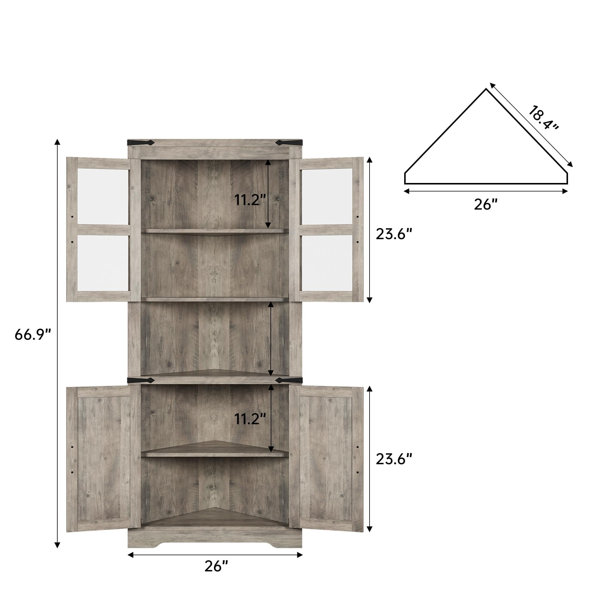 Juiluna Farmhouse Corner Cabinet, Tall Corner Storage Cabinet with Glass Door & Adjustable Shelves, Bathroom Cabinet with Storage for Living Room, Kitchen, Bathroom, Washed Grey/White