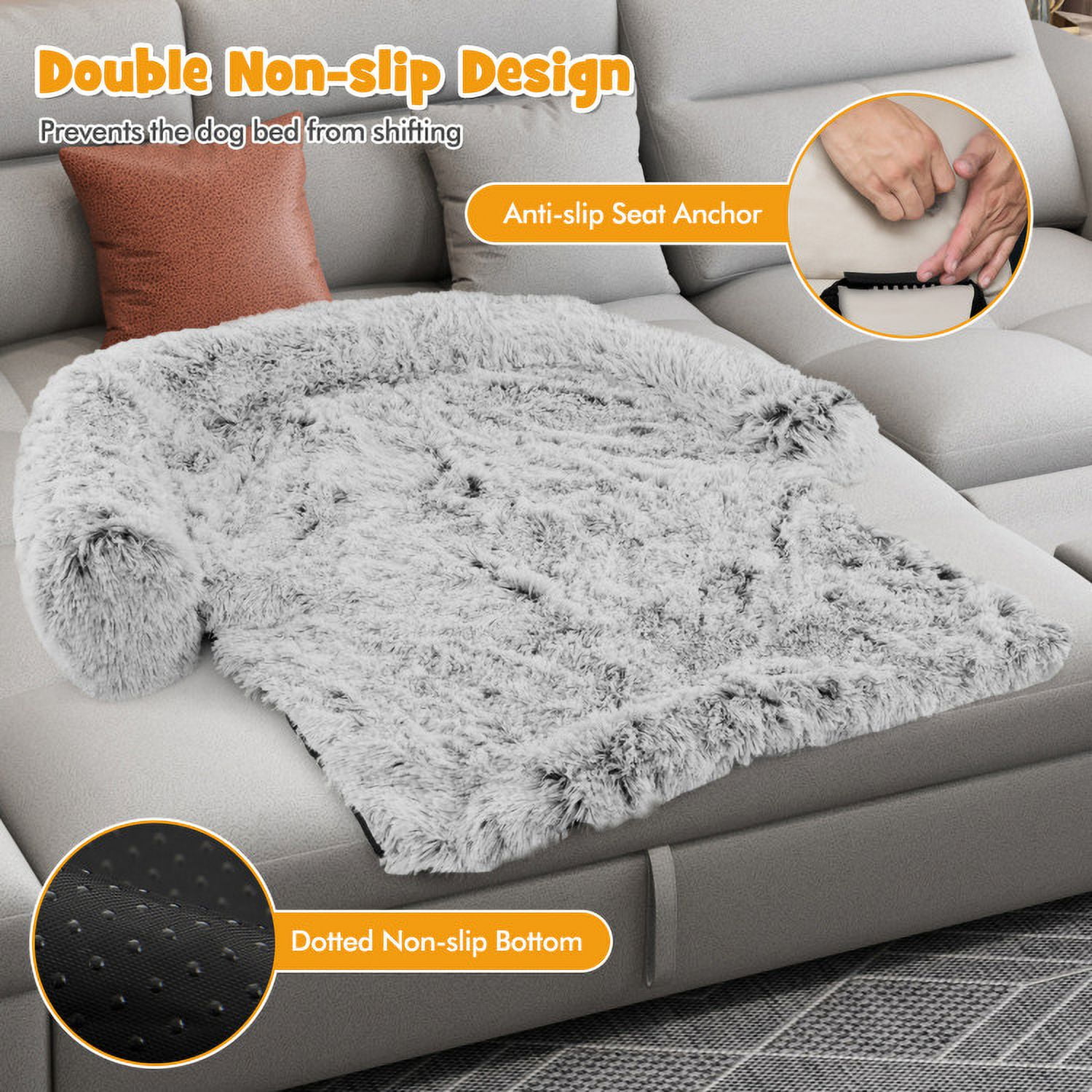 resenkos 40" Dog Bed for Couch, Calming Dog Beds for Large Dogs, Fluffy Plush Bed for Pets, Anti Anxiety Dog Bed with Removable Cover, Grey-S