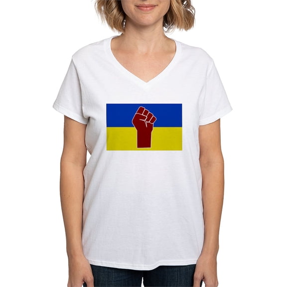 CafePress - Ukrainian Flag With Fist T Shirt - Womens Cotton V-Neck T-shirt