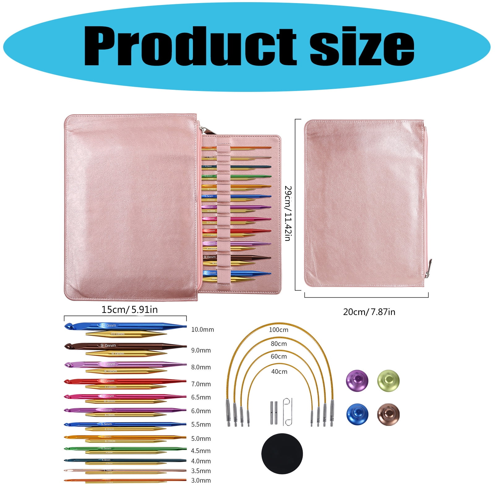 12Pairs Aluminum Alloy Tunisian Crochet Hook Set with Circular Needle 3.0mm-10mm and Case for Weaving Projects